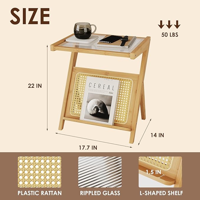 Bamworld Rattan Side Table Boho Night Stand Glass Bedside Small End Tables Bamboo Bedroom Coffee Table with Storage for Living Room and Outdoor Nature