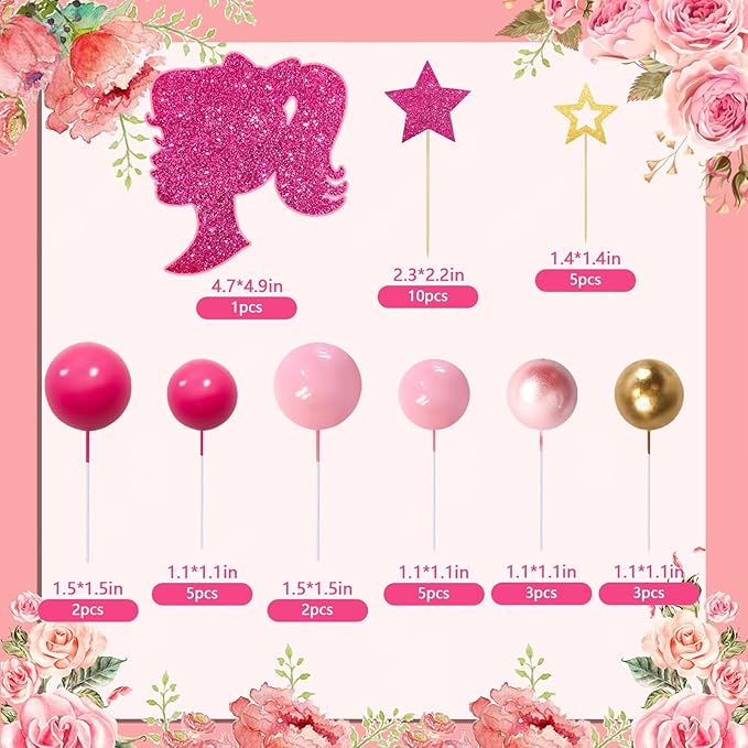 MEMOVAN Hot Pink Girl Cake Toppers 36pcs Ball Cake Decorations with Hot Pink Gold Balls Shiny Stars for Boho Girl Pink Princess Theme Wedding Baby Shower Birthday Party Supplies