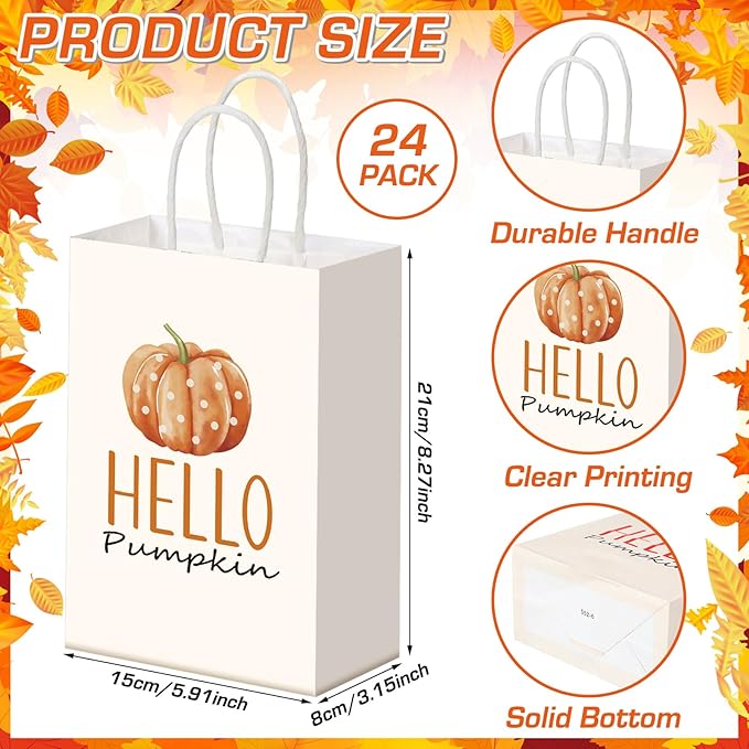 Kolldenn 24 Pcs Thanksgiving Party Favors Bags Fall Gift Goodie Paper Bags with Handles Autumn Maple Leaf Pumpkin Pouch for Thanksgiving Party Decorations Supplies