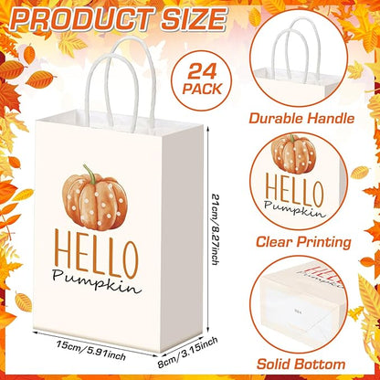 Kolldenn 24 Pcs Thanksgiving Party Favors Bags Fall Gift Goodie Paper Bags with Handles Autumn Maple Leaf Pumpkin Pouch for Thanksgiving Party Decorations Supplies