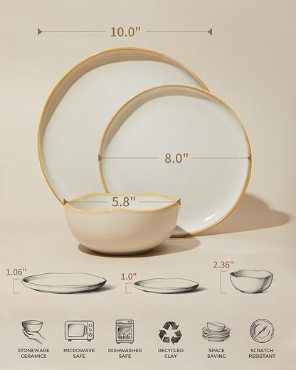 Pokini Plates and Bowls Sets for Family of 6, Ceramic Dinnerware Sets, Kitchen Dish Set, Microwave & Dishwasher Safe Dishware, Highly Durable Reactive Glazed Dinner Set, Yellow White