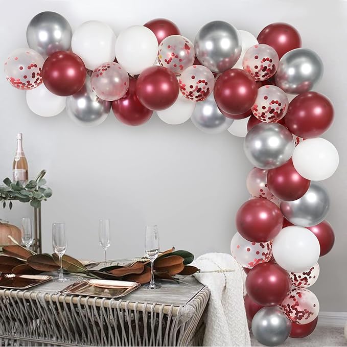 60 Pack Burgundy Red White Silver Maroon Balloons Garland Arch Kit, GAGAKU 12 Inches Latex Confetti Balloons for Women Kids Birthday Wedding Bride Bachelorette Retirement Party Decorations Supplies