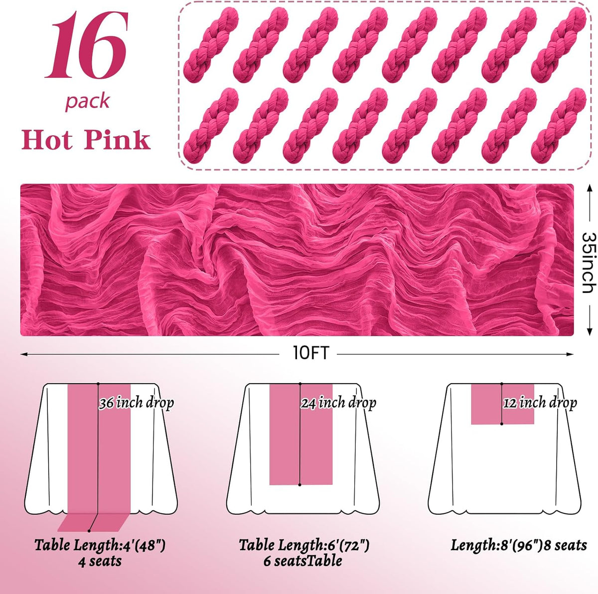 16Pack Hot Pink Table Runner 10FT Cheesecloth Table Runner 35x120Inch Long Boho Cheese Cloth Table Runners Rustic Gauze Table Runners for Party Wedding Bridal Shower Baby Shower Decorations