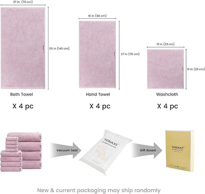 SEMAXE Bath Towel Set, 12 Piece Cotton Towel Set for Bathroom, More Towels for Family Use, Quick Dry with Hanging Loops, Easy Care, Purple