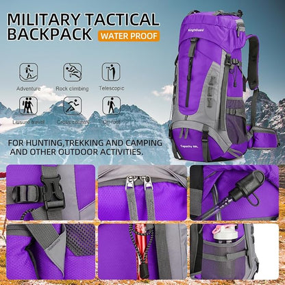 King'sGuard 60L Hiking Backpack for Men and Women Lightweight Camping Hiking Backpack with Rain Cover Large Waterproof Travel Backpack Backpacking Pack (Purple)