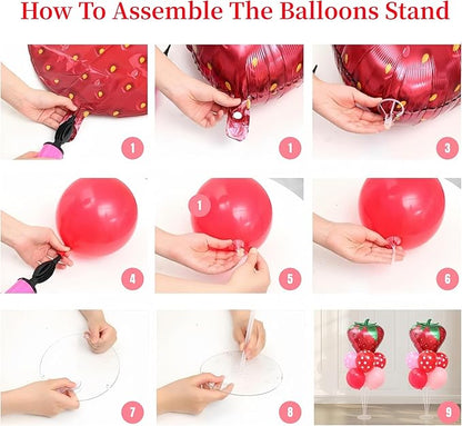 Strawberry Balloon Stand for Table Centerpiece Stand Kit 2 Sets with 2 Strawberry Foil Balloons and 14 Latex Pastel Balloons for Strawberry Themed Birthday Party Decorations