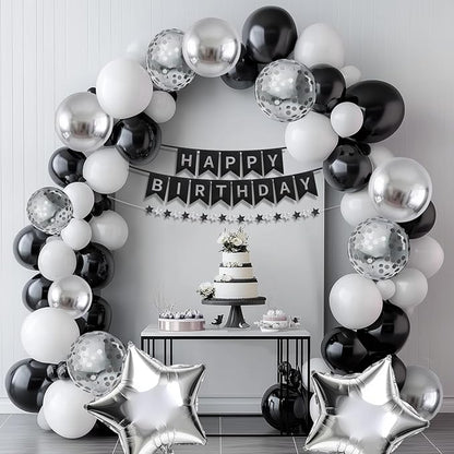 Black and Silver Birthday Decorations for Men, Happy Birthday Party Decorations, Happy Birthday Banner, Balloons, Foil Fringe Curtains, Tissue Paper Pompoms, Star Garland, Party Decor