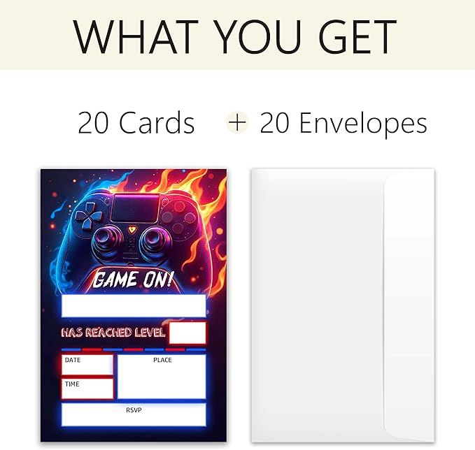 Gaming Themed Birthday Invitations – 20 Invitation Cards 4"x6" with Envelopes.(008)