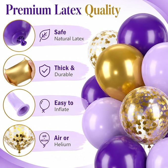 Purple and Gold Balloons, 60 Pcs Dark Purple Balloons with Confetti Gold Metallic Balloon, Globos Morados Lavender Balloon for Graduations Grad Prom Birthday Party Bridal Shower Decorations