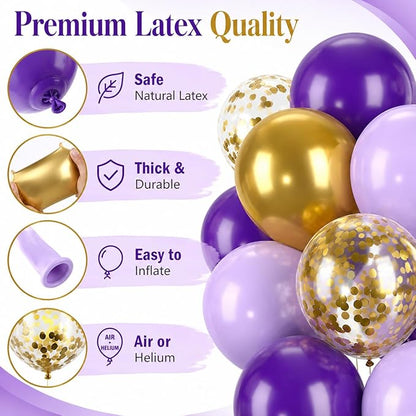 Purple and Gold Balloons, 60 Pcs Dark Purple Balloons with Confetti Gold Metallic Balloon, Globos Morados Lavender Balloon for Graduations Grad Prom Birthday Party Bridal Shower Decorations