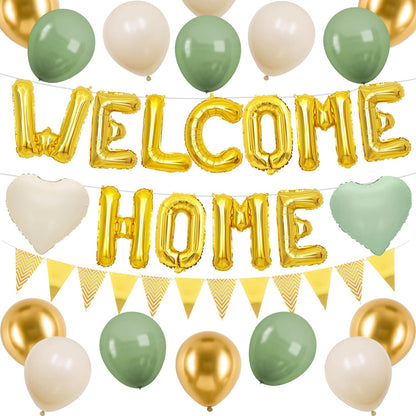 Welcome Home Decorations Green Gold,Gold Welcome Home Foil Balloon Banner with Sage Green White Heart Balloons Pennant Flag Bunting for Housewarming Baby Shower Home Family Party Supplies