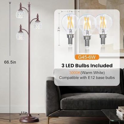 JUNNAI Brown Floor Lamps for Living Room 66.5in Vintage Standing Lamp with Glass Shade 3 Way Brightness Lights Mid Century Modern Pole Lights Corner Lamp for Bedroom Office(Bulbs Included)