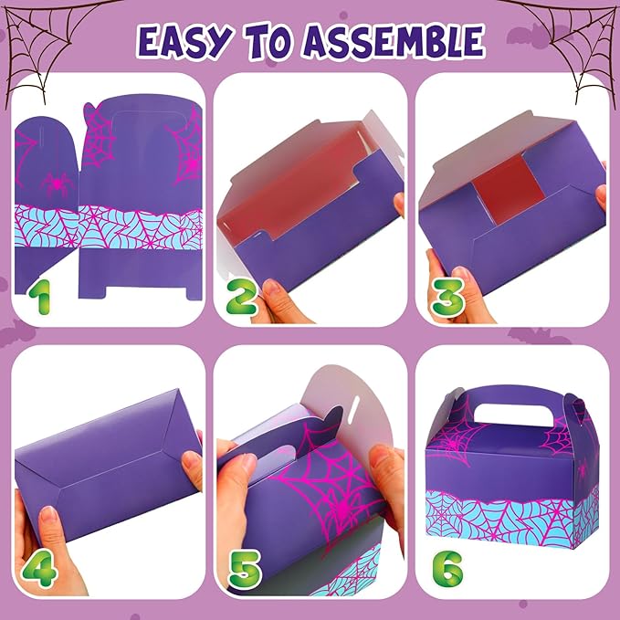Marspark 24 Pack Purple Spider Web Cartoon Birthday Party Supplies, Paper Gift Boxes, Cartoon Candy Treat Boxes for Birthday Party Decorations(Purple Spider Pattern)