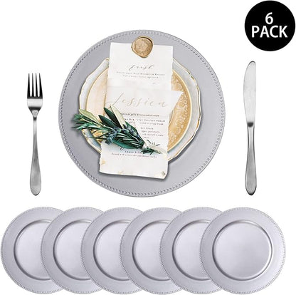 MAONAME Silver Charger Plates Set of 6, Round Dinner Chargers with Beaded, 13 Inch Plastic Plate Chargers for Wedding, Table Decor