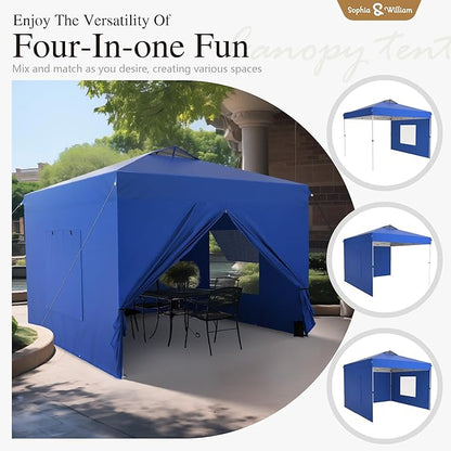 Sophia & William Canopy Tent Pop Up 10x10 ft One Person Push Set Up Canopies with 4 Sidewalls, Outdoor Shelter Heavy Duty Straight Legs with 4 Sandbags & 1 Roller Bag, 8 Stakes & 4 Guy Ropes, UPF50+