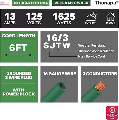 Thonapa Weatherproof Green Extension Cord 6 ft 3 Outlets, 16/3 SJTW Outdoor Extension Cord with Multiple Outlets 6 Foot, 13 AMP Exterior Electric Cable 3 Way Plug for for Outdoor Lights, Landscaping