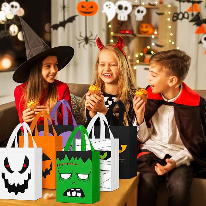 Locmeo 24 Pcs Large Halloween Candy Bags Reusable Non Woven Halloween Favor Bags Cat Ghost Vampire Zombie Pumpkin Tote Bag with Handles Bulk for Kids Birthday Party