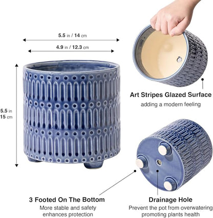 STHIE 5 Inch Ceramic Planters for Indoor Plants, Blue Cactus Snake Plant Pots with Drainage, Unique Design Round Flower Pot for Home Decoration