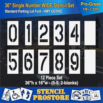 Pavement Stencils - 36 inch Number Stencil (Wide) Set (12 Pieces) -0-9 - 36" x 16" x 1/8" (128 mil) - Pro-Grade