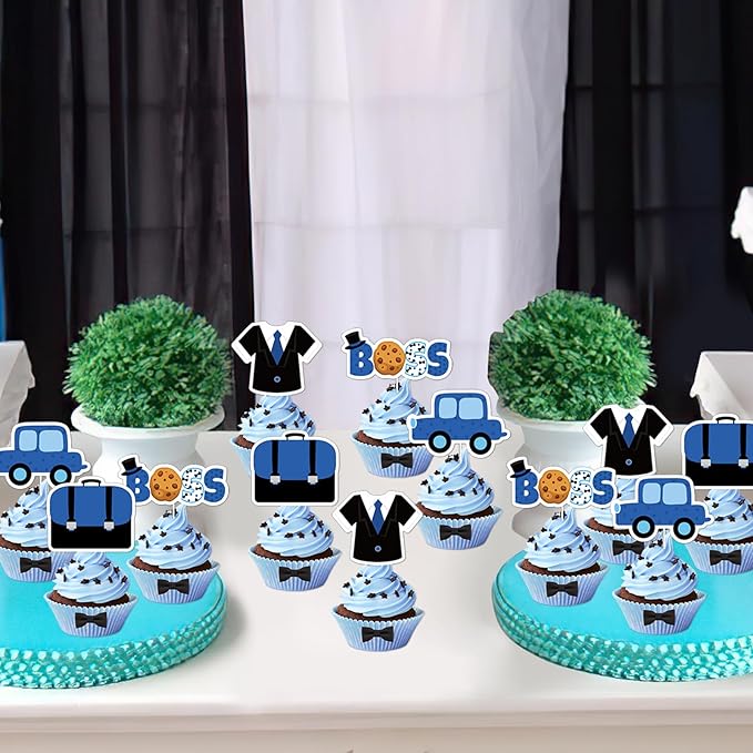 36Pcs Boss Cupcake Toppers for Boys Blue Black Happy Bossday Theme Birthday Party Decorations Car Boss Theme Table Topper for Baby Boy Boss 1st 2nd 3rd Birthday Party Decor Supplies