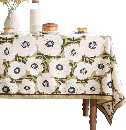Designer Vintage Rectangular Tablecloth,Linen French Tablecloth with White Floral Pattern,Decorative Table Cover for Kitchen,Dining,Thanksgiving,Tea Party,63" × 87"-Hidaka