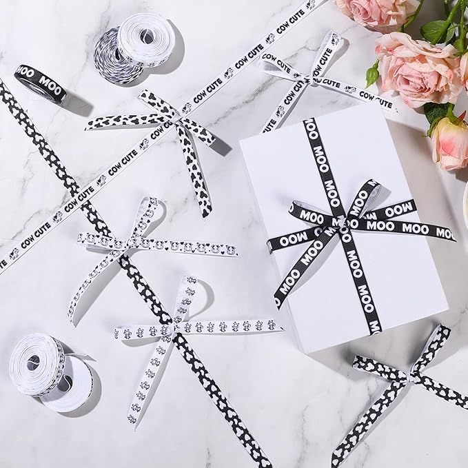 6 Roll Cow Print Ribbons, 3/8 Inch x 30 Yard Black White Cow Spot Ribbon, Gift Wrap Grosgrain Ribbons, Animal Print Craft Ribbon for Farm Party Favor Christmas Wreath Bow DIY Craft Decor