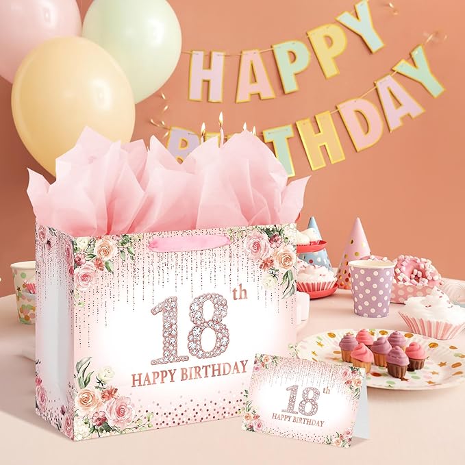 Laidans Sweet 18th Happy Birthday Gift Bag with Tissue Paper and Card for Girls Kids Party (Rose Gold) (18th)