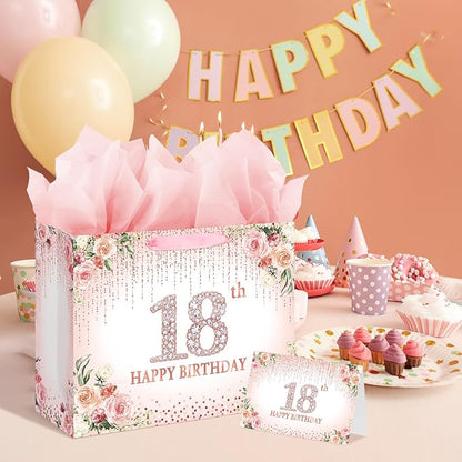 Laidans Sweet 18th Happy Birthday Gift Bag with Tissue Paper and Card for Girls Kids Party (Rose Gold) (18th)