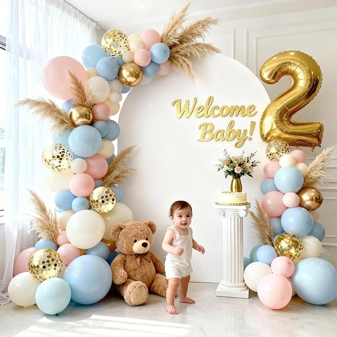 Gender Reveal Balloon Arch Kit -129pcs Dusty Pink and Blue Balloons Chrome Gold Sand White Confetti Latex Balloons for Boho Bachelorette Birthday Wedding Bear Theme Party Decorations