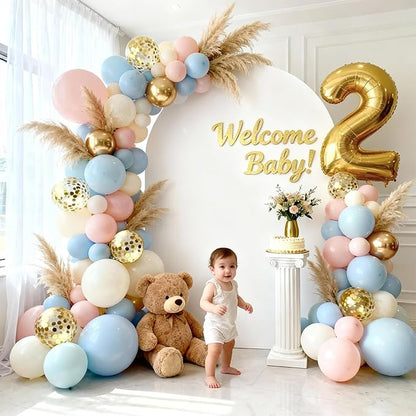 Gender Reveal Balloon Arch Kit -129pcs Dusty Pink and Blue Balloons Chrome Gold Sand White Confetti Latex Balloons for Boho Bachelorette Birthday Wedding Bear Theme Party Decorations