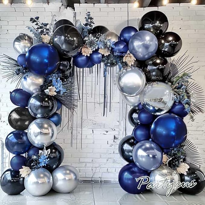 Navy Blue Black Balloon Garland - Double Stuffed Dark Royal Blue Black Balloon Arch Kit with Silver Foil for Birthday Graduation Prom Wedding Baby Shower Party Decoration