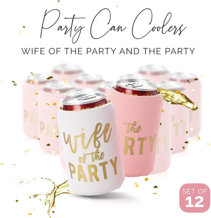 Wife of the Party and The Party Bachelorette Can Coolers - Set of 12, Perfect for Decorations and Bridesmaid Gifts (Dusty Rose, Regular)
