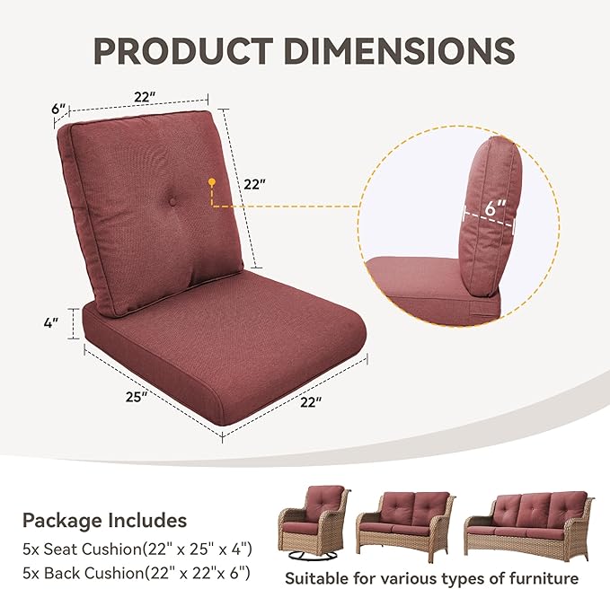 Patio Cushions for Outdoor Furniture - 22" x 25" x 4" UV Resistant Thick Foam Cushions Water Resistant Replacement Cushion for Outdoor Patio Furniture Chair/Sofa/Couch | Red | 5-Pack |
