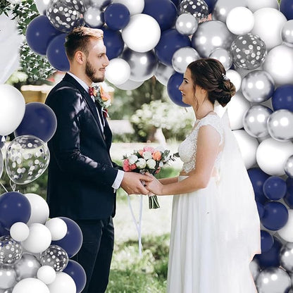 Navy Blue Silver Balloon Arch Garland Kit, 122PCS Navy Blue White Metallic Silver Confetti Balloons for Birthday Graduation Wedding Retirement Anniversary Engagement Father Day Party Decoration