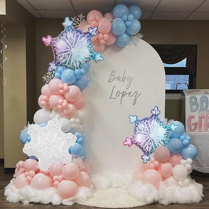 163pcs Little Snowflake Balloon Arch Kit - Metallic Pink Blue White Latex Balloons with Snowflake Foil Balloons for Winter Wonderland Party, Gender Reveal, Baby Shower, 1st Birthday Decorations