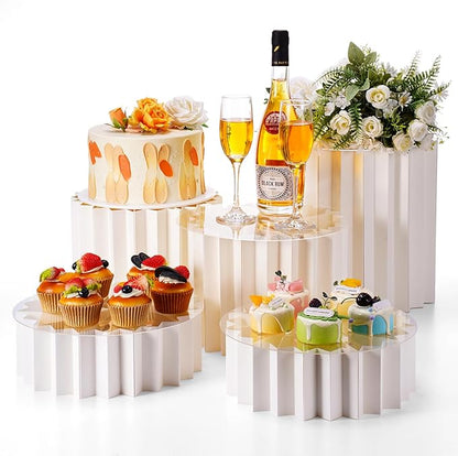 Capoda 5 Pieces Buffet Risers - 12" Cylinder Party Stands with Acrylic Plates Foldable Food Display Risers for Dessert Jewelry Cupcake Catering Supplies Wedding Birthday Party Table Decoration(White)