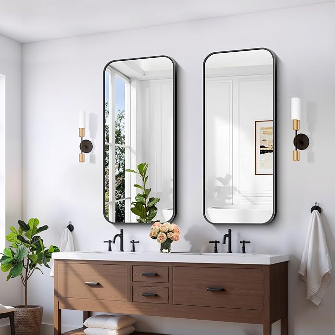 FORBATH Bathroom Mirror 20" x 48", Rectangle Black Bathroom Mirror with Black Aluminum Frame Rounded Corner, Wall Mounted Mirror for Bedroom Entryway Living Room