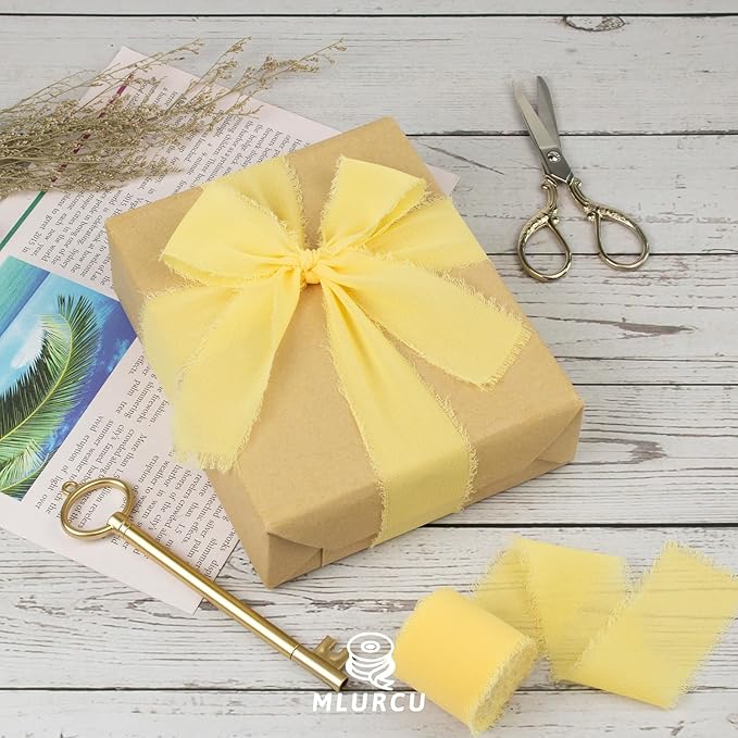 Yellow Chiffon Ribbon, 1-1/2 Inch x 21 Yards, Handmade Fringe, Silk, Boho Frayed, Cream Yellow, Gift Wrapping, Wedding Invitation, Bridal Flower Bouquets