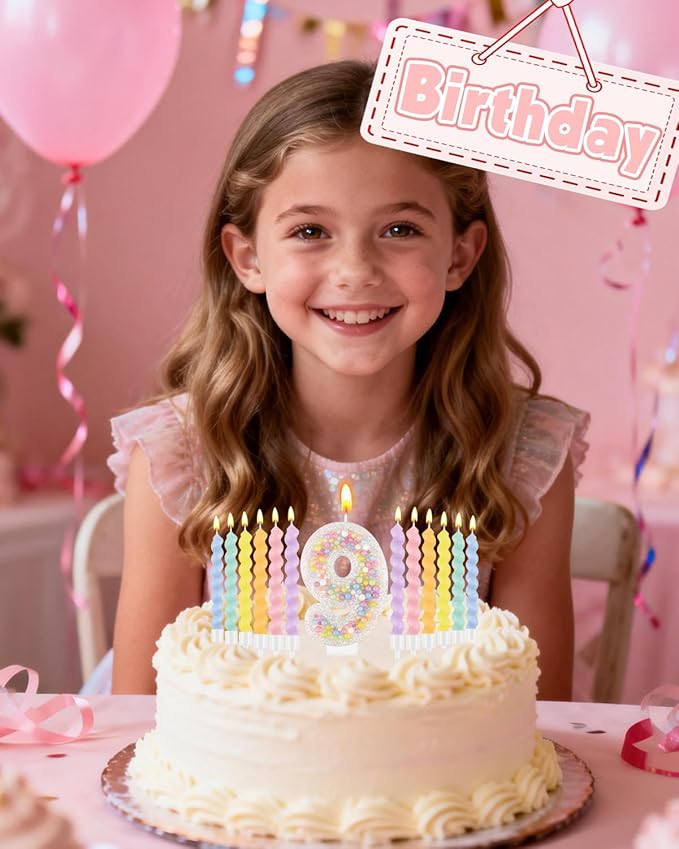 Birthday Candles for Cake, Pink Number Candles, Cake Candles with Greeting Card for Birthday Party Wedding Anniversary Celebrations（9 Candle,White Number Macaron）