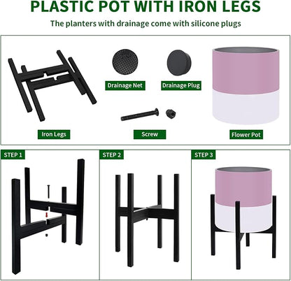 Planter with Stand Set of 2, Modern Plant Pots with Metal Legs Indoor,Flower Pots with Drainage Holes Matching Decorative Garden Pot for Living Room, Office, Garden, or Balcony 10 & 12 Inches