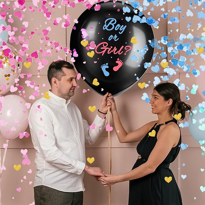 JOYYPDP Gender Reveal Balloons - 2 Pack 36 Inch Black Boy or Girl Balloon with Pink and Blue Heart-Shaped Confetti for Gender Reveal Party Decorations