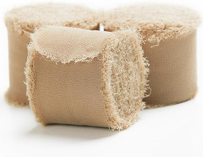 3 Rolls Fall Light Brown Handmade Fringe Chiffon Ribbon, 1.5" x 7Yd Chiffon Silk Ribbons, Gift Wrapping Ribbons Set for Bridal Bouquets, Gift Wrapping, Wedding, Bouquet Wrap, DIY Crafts