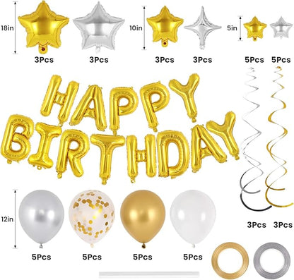 55 Pcs Happy Birthday Balloons Letters Banner with 35 Pcs Star Foil Balloon, 20 Pcs Latex Balloons, 6 Hanging Swirls for Women Men Boys Girls Birthday Party Decorations Set ﻿ (Gold)