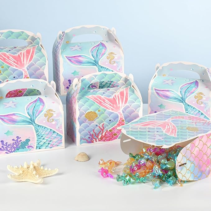 36 Pack Cute Mermaid Party Favor Treat Boxes, Small Ocean Gable Boxes for Parties Giveaways and Small Business 6.18x3.58x3.39 Inches