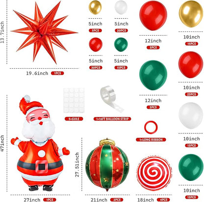 158PCS Christmas Balloon Arch Kit Xmas Party Balloons with Red Green White Golden Balloons Xmas Decoration Foil Balloons