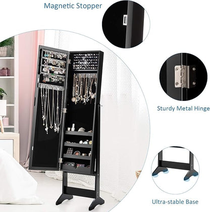 Giantex Jewelry Cabinet with Full-Length Mirror, Standing Jewelry Armoire Organizer with 64 Earring Slots, 72 Ring Slots, 20 Necklace Hooks, 4 Storage Shelves, 3 Angle Adjustable (Black)