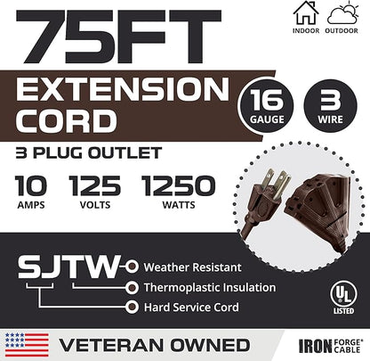 Iron Forge Cable 75ft Brown Outdoor Extension Cord with 3 Outlets - 16/3 SJTW 75ft Extension Cord 3 Prong, 10 Amp All-Weather Heavy Duty Power Cable