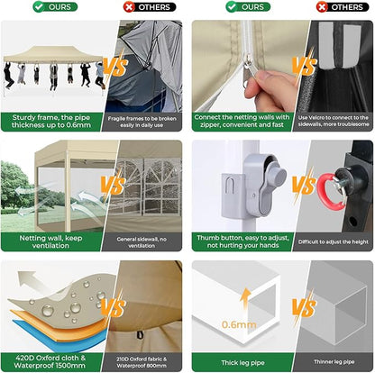 COBIZI 10x20 Heavy Duty Pop Up Canopy with 6 Sidewalls, Easy Set Up Outdoor Waterproof Screen Commercial Party Tent with Mosquito Netting for Parties Backyard Patio, Roller Bag, Khaki