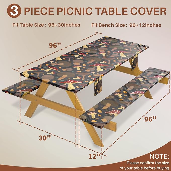 Picnic Table Cover with Bench Covers Fitted Waterproof Camping Tablecloth with Elastic for 8Ft Rectangle Tables Outdoor Travel Rv Essentials Summer Vacation Accessories Gift for Men Women