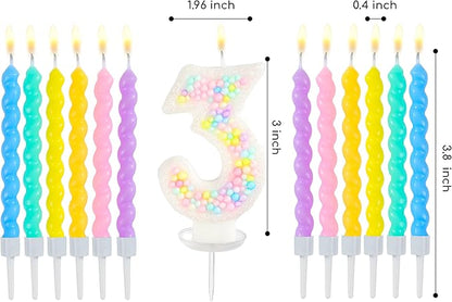 PHD CAKE Number 3 Birthday Candle Macaron Glitter Number Candle with Rainbow Spiral Candles in Holders for Cake Topper, Pastel Sweet Theme Party Decoration